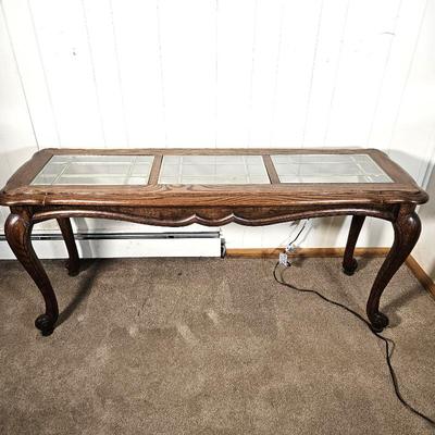 Vintage Oak Sofa / Hall Table w/ Leaded Glass Removable Panes