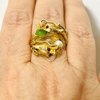 Lot #42 - Antique 10k Gold Double Dragon Ring with Ruby Eyes, Green Jade and Pearl Accents- size 11