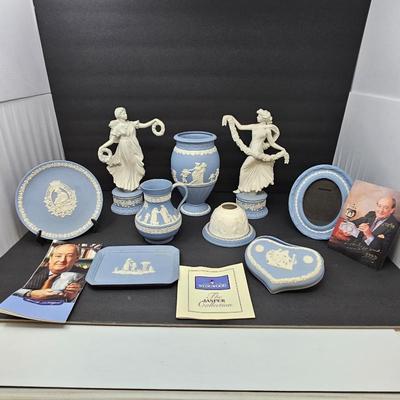  Lot of Wedgwood Jasperware Blue & White – Vases, Plates, Jug, Trinket Box, Figures – Signed Lord Wedgwood 1999