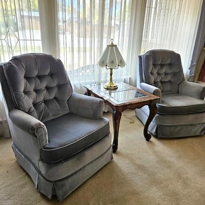 Pair of Vintage Blue Tufted Swivel Rocking Chairs w/ Oak End Table with Leaded Glass Panels & Glass Shade Lamp
