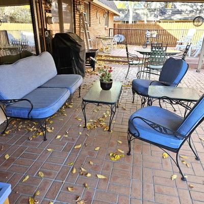 Vintage Wrought Iron Patio Set – Sofa, 2 Chairs, Coffee Table & Side Table – Glass Tops, Blue Cushions
