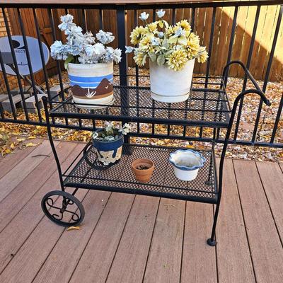 Vintage Black Wrought Iron Rolling Plant Stand / Flower Cart – 2 Tier Garden Patio Shelf