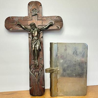 Vintage Wood Wall Cross with Metal Jesus Christ Figure and Metal Locking Bible Box