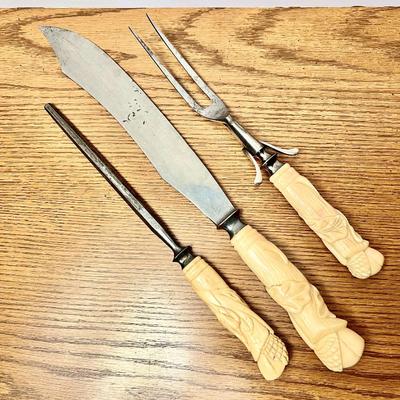 J Russell & Co 3-Piece Carving Set- Carved Bone Handles- Knife Fork Steel Green River Works