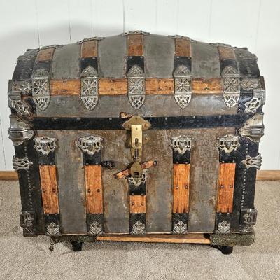 Antique Dome Top Steamer Trunk w/ Lift-Out Storage Tray & Ornate Hardware – 34"x24"x24" Late 1800s