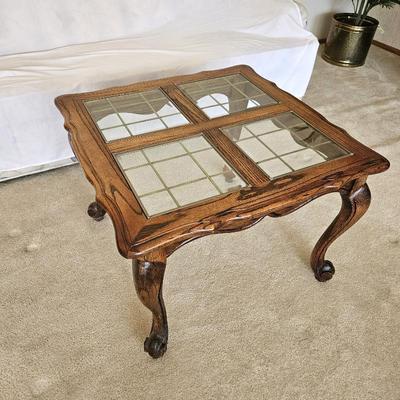  Vintage Oak End Table w/ Leaded Glass Removable Panes