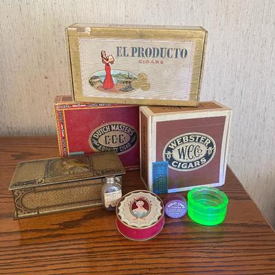 Antique/Vintage Webster- Dutch Master- El Producto Cigar Boxes, Uranium Glass Ashtray, DuBarry Face Power Box, Colgan's Violet Chips...