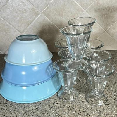 Vintage PYREX - Blue Clear Bottom Nesting Bowls- Set of 3- Plus Libbey Ice Cream Sundae Glasses Set of 8