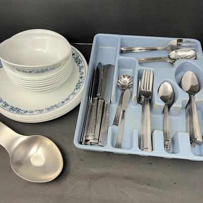 Stainless Flatware Set for 8 plus serving pieces and extras by Wallace Manhattan

Vintage Corelle Dinnerware Set for 8 with blue floral...