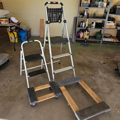 Lot of 2 Step Ladders (Easy Reach 2-Step, 4-Step Utility w/Tray) + 2 Furniture Moving Dollies
