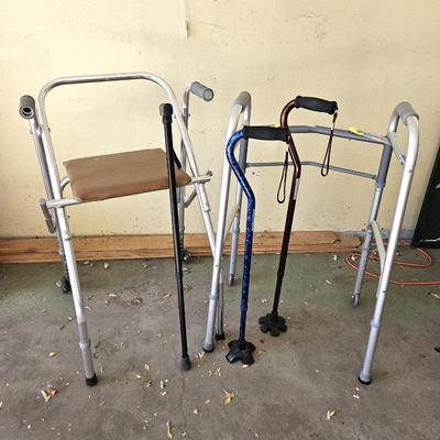  Mobility Assistance Lot - Two Walkers, One with a Seat- Plus Three Walking Canes