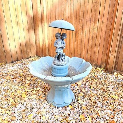  Outdoor Concrete Fountain / Birdbath Paired with a Darling Resin Yard Statue