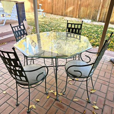 - Charming Vintage Mid Century Iron Round Dining Table & Chairs with Glass Top