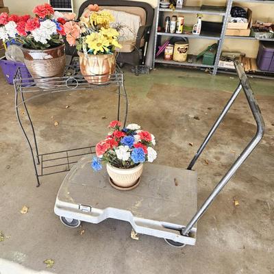 Rubbermaid Rolling Utility Cart w/ Folding Handle + Metal Plant Stand & 3 Pots
