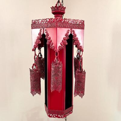 Moroccan/Turkish Red Hexagon Hanging Lantern with Ornately Pierced Metal Hanging Shades & Hexagonal Metal Body