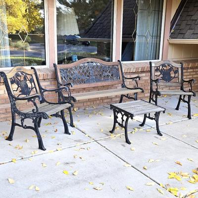  Berkeley Forge Cast Iron & Wood Patio Set – Golf & Floral Motif Bench, 2 Chairs & Table