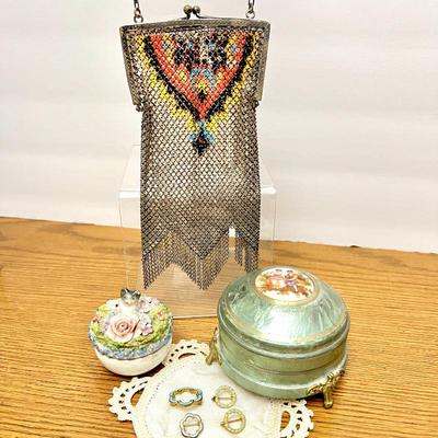 Antique Fringed Mesh Purse, Round Footed Aluminum Powder Puff, German Elfinware  Trinket Box, & Enamel and Gemstone