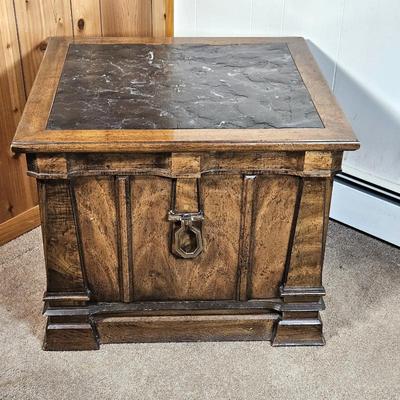  Vintage 1970s End Table with Cabinet Storage & Slate Top – Wood & Metal Pull Accent - Warm Sold Wood