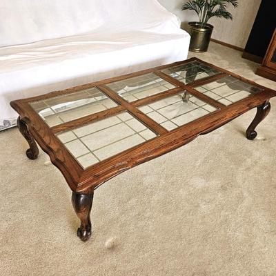 Vintage Oak Coffee Table w/ Leaded Glass Removable Panes – 59” x 30” x 16”