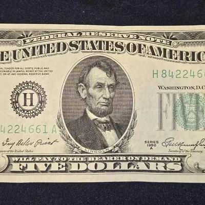 CRISP $5 OFFSET PRINT ERROR 1950 Series A