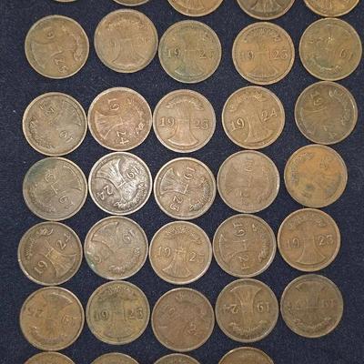 34 Coins German 2 Reichspfennig coin from the Weimar Republic,