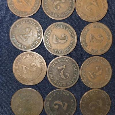 12 Coins German 1 Pfennig coin from the German Empire period 