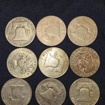 SILVER Franklin Half Dollar Lot Of 9 Coins
