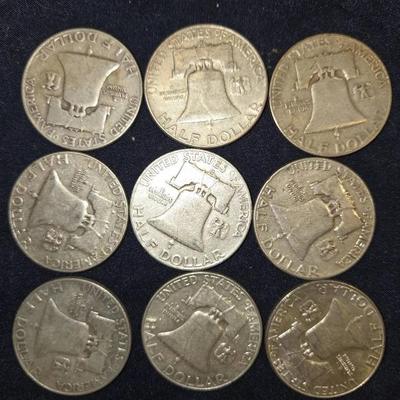 SILVER Franklin Half Dollar Lot Of 9 Coins