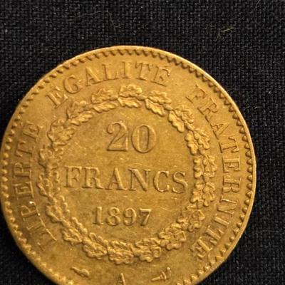 GOLD 1897 French 20 Francs gold coin "Lucky Angel" or "Genie"