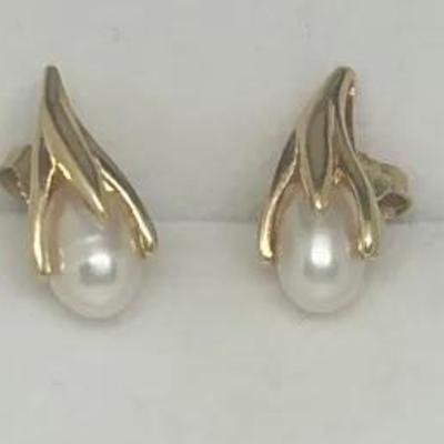 Marked 14K Yellow Gold Pearl Earrings