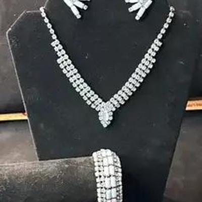 Vintage rare 195's Milk Glass Rhinestone Jewelry 