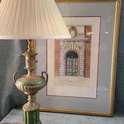 Vintage Neoclassical Style Table Lamp And Architectural Drawing From the Palazzo Farnese