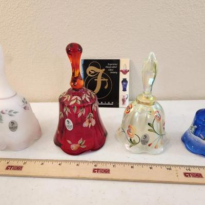 4 Fenton Handpainted Art Glass Bells - Cranberry, Cobalt Christmas, Melon