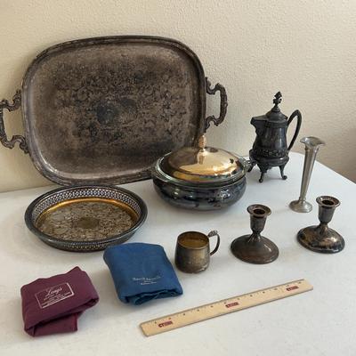 Silverplate+ Lot - Serving Tray, Reed & Barton Pyrex Dish, Pewter Candlestick Holder