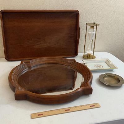 Vintage Lot - Teak Dinner Tray, Hourglass & American Embassy Ashtray 