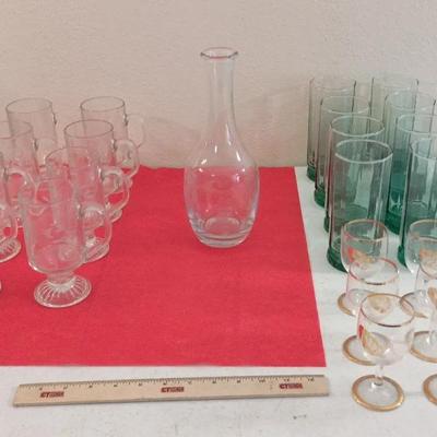 Vintage Glassware - Etched, Mid-century Gold Leaves, Green Anchor Hocking