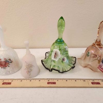 4 Fenton Handpainted Art Glass Bells, 3 Carnival/Iridescent