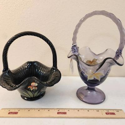 Vint. Fenton Handpainted Violet & Black Floral Baskets