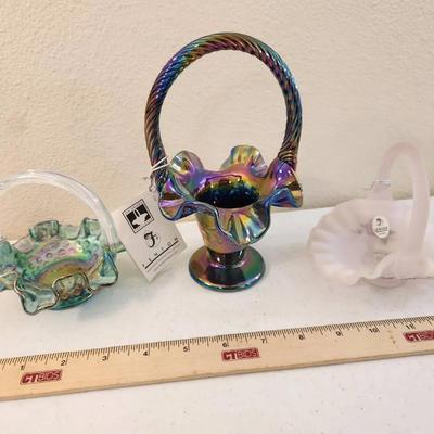 3 Fenton Handpainted Art Glass Baskets - 2 Carnival/Iridescent