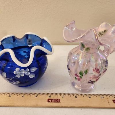 Fenton Handpainted Cobalt Vase & Pink Iridescent Pitcher