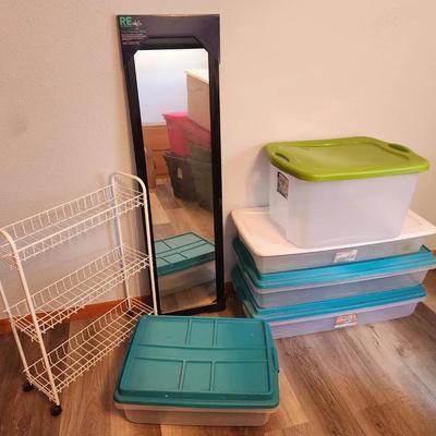 7pc Household & Storage - Wall Mirror, Rolling Rack, Bins