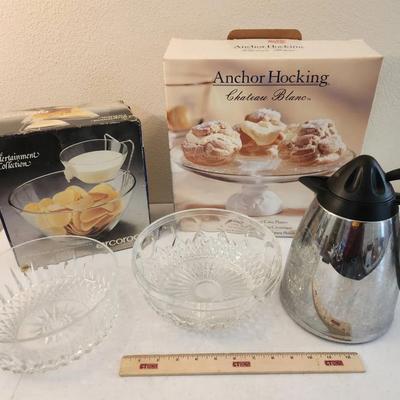 5pc Vintage Glass Serving Dishes & Carafe - Arcoroc, Anchor Hocking, Copco