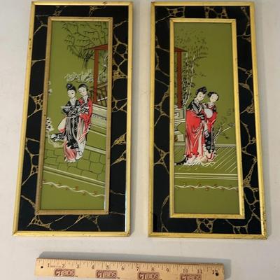 Vintage Framed Reverse Painted Asian Wall Art 18”
