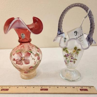 Vint. Fenton Handpainted French Opal Violet Basket, Gold Collection Vase