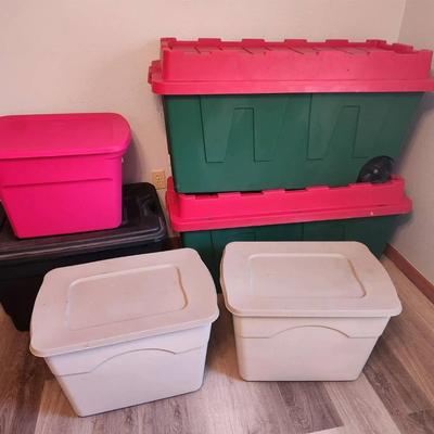 6pc Large Plastic Storage Bins - 2 Rolling 64 gal