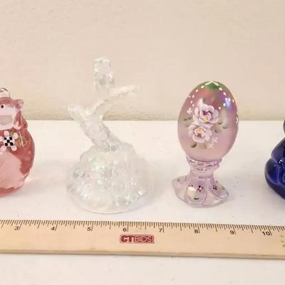 4pc Fenton Art Glass - Cobalt Bear, Iridescent Owl Ring Tree, Rooster & Egg