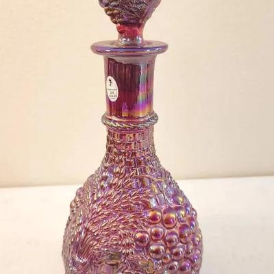 Fenton Iridescent Cranberry Glass 12" Decanter, Grapes & Wheat Bushels