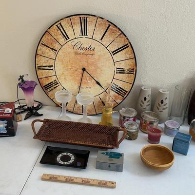 Decor Lot - Chester Clock, Vintage Cherub Trumpet Lamp,  Candles+++