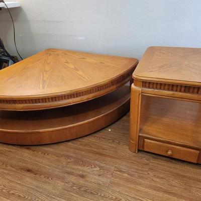 Vintage Wood Triangular Lift Top Coffee Table & End Table