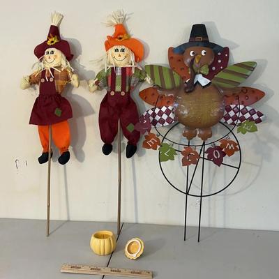 Fall Lot - Scarecrows, Turkey Decoration, & Hallmark Pumpkin Candle 